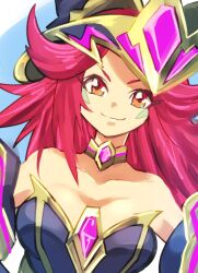 Rule 34 | 1girl, bare shoulders, breasts, cleavage, collar, detached sleeves, duel monster, grin, hat, highres, large breasts, long hair, okirune (yappa neruwa), orange eyes, red hair, sketch, smile, smug, solo, summon sorceress, upper body, witch hat, yu-gi-oh!
