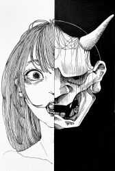 Rule 34 | #b7282e, 1girl, 1other, black background, collarbone, fangs, greyscale, half-closed eyes, hannya, highres, horns, long hair, looking at viewer, monochrome, open mouth, original, portrait, sidelocks, simple background, split theme, straight-on, teeth, traditional media, two-tone background, white background, wide-eyed