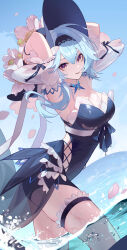 Rule 34 | 1girl, absurdres, ai dongdong, alternate costume, armpits, arms up, black hairband, blue hair, blue headwear, blue one-piece swimsuit, breasts, detached collar, detached sleeves, eula (genshin impact), falling petals, flower, genshin impact, hairband, highres, looking at viewer, medium breasts, ocean, one-piece swimsuit, partially submerged, petals, smile, solo, swimsuit, thigh strap, thighs, wet, yellow eyes