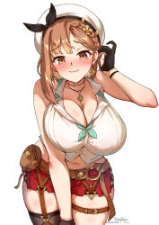 Rule 34 | 1girl, atelier (series), atelier ryza, atelier ryza 2, bad id, bad pixiv id, bare arms, bare shoulders, belt, bent over, beret, black gloves, black ribbon, black thighhighs, blush, braid, breasts, brown eyes, brown hair, buckle, cleavage, closed mouth, earrings, foxyreine, glint, gloves, hat, hat ribbon, jewelry, key, large breasts, navel, partially fingerless gloves, pouch, red shorts, reisalin stout, ribbon, shirt, short shorts, shorts, side braid, signature, single sidelock, single thighhigh, skindentation, sleeveless, sleeveless shirt, smile, solo, thigh strap, thighhighs, tucking hair, white background, white hat, white shirt