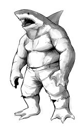 Rule 34 | 1boy, black eyes, dc comics, full body, furry, gegegekman, gills, greyscale, highres, king shark (dc), monochrome, open mouth, pants, pectorals, scar, scar on arm, scar on chest, shark, shark boy, shark fin, sharp teeth, solo, teeth, the suicide squad, topless male, torn clothes, torn pants, white background