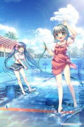Rule 34 | 2girls, arm up, barefoot, blue hair, blue sky, blush, bow, cleaning, cloud, collaboration, day, dress, full body, green eyes, green hair, hair bow, hinoue itaru, hirose maki, holding, holding hose, holding mop, hose, long hair, looking at viewer, mocha (cotton), mop, multiple girls, nanase rumi, official art, one - kagayaku kisetsu e, open mouth, outdoors, pinafore dress, pink bow, pool, puffy short sleeves, puffy sleeves, shirt, short hair, short sleeves, skirt, sky, sleeveless, sleeveless dress, smile, sunlight, tied dress, tied shirt, twintails, very long hair, wading, water