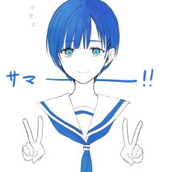 Rule 34 | 1girl, blue eyes, blue hair, blue theme, chisumi, closed mouth, double v, flying sweatdrops, hair ornament, hairclip, looking at viewer, monochrome, neckerchief, original, sailor collar, short hair, simple background, smile, solo, upper body, v, white background
