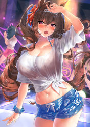 Rule 34 | animal ears, black hair, blue shorts, blurry, blurry background, bra visible through clothes, breasts, brown hair, cleavage, commentary request, daiwa scarlet (umamusume), dance floor, dancing, hair intakes, hair ribbon, highres, horse ears, horse girl, horse tail, kawai (purplrpouni), large breasts, midriff, multiple girls, navel, open mouth, pink shorts, red eyes, ribbon, scrunchie, see-through, see-through shirt, shirt, short shorts, short sleeves, shorts, solo focus, stomach, tail, thighs, tied shirt, umamusume, white shirt, wrist scrunchie