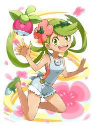 Rule 34 | 1girl, :d, ^ ^, bare arms, bare shoulders, bounsweet, breasts, closed eyes, collarbone, creatures (company), flower, full body, game freak, gen 7 pokemon, green eyes, green footwear, green hair, hair flower, hair ornament, headband, highres, long hair, looking at viewer, mallow (pokemon), nintendo, nono (norabi), open mouth, overalls, petals, pokemon, pokemon (creature), pokemon sm, shoes, shorts, simple background, small breasts, smile, solo focus, teeth, tongue, trial captain, twintails, white background