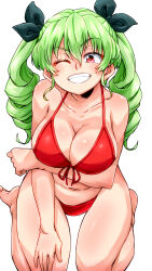 Rule 34 | 1girl, anchovy (girls und panzer), aono3, barefoot, bikini, black ribbon, breast hold, breasts, cleavage, commentary, drill hair, from above, front-tie bikini top, front-tie top, girls und panzer, green hair, hair ribbon, halterneck, hand on own thigh, highres, kneeling, long hair, looking at viewer, medium breasts, navel, one eye closed, red bikini, red eyes, ribbon, simple background, smirk, solo, swimsuit, twin drills, twintails, white background