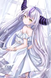 Rule 34 | 1girl, absurdres, ahoge, blush, bracelet, choker, curtains, day, detached sleeves, dress, feathers, highres, hololive, horns, indoors, jewelry, la+ darknesss, light, long hair, looking at viewer, multicolored hair, purple hair, silver hair, solo, streaked hair, sundress, ukiukikiwi2525, very long hair, virtual youtuber, white dress, wind, window, yellow eyes