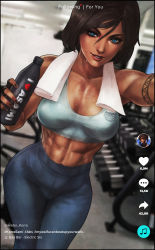 Rule 34 | 1girl, abs, absurdres, arm tattoo, avatar legends, bare shoulders, black hair, black nails, blue eyes, blurry, blurry background, bottle, breasts, collarbone, dark-skinned female, dark skin, dumbbell, feet out of frame, fingerless gloves, gloves, gym, hair between eyes, hands up, high-waist pants, highres, holding, holding bottle, korra, large breasts, midriff, monori rogue, muscular, muscular female, nail polish, open mouth, pants, parted lips, selfie, short hair, sleeveless, smile, solo, sports bra, standing, sweat, tattoo, teeth, the legend of korra, tiktok, towel, towel around neck, yoga pants