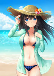 Rule 34 | 10s, 1girl, beach, bikini, black hair, blue eyes, blue sky, breasts, checkered bikini, checkered clothes, cleavage, commentary request, day, flower, hairband, hat, idolmaster, idolmaster cinderella girls, jacket, kirimoti34, large breasts, long hair, long sleeves, looking at viewer, navel, ocean, outdoors, sagisawa fumika, sky, smile, solo, straw hat, swimsuit