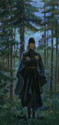 Rule 34 | 1boy, absurdres, alexei karamazov, black headwear, black robe, church, crossed arms, crying, crying with eyes open, curly hair, faux traditional media, forest, full body, high collar, highres, long hair, male focus, monk, nature, outdoors, robe, standing, sutekooooo, tears, the karamazov brothers, tree