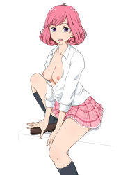 Rule 34 | 10s, 1girl, :d, breasts, breasts out, cleavage, collared shirt, curly hair, from side, hands on feet, ichihisa, knee up, kneehighs, kofuku, legs, loafers, long sleeves, looking at viewer, miniskirt, nipples, no bra, noragami, open clothes, open mouth, open shirt, pink hair, pink skirt, plaid, plaid skirt, pleated skirt, purple eyes, school uniform, shirt, shoes, short hair, sitting, skirt, sleeves rolled up, small breasts, smile, socks, solo, white background, white shirt