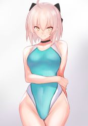 Rule 34 | 1girl, ahoge, alternate costume, aqua one-piece swimsuit, arm behind back, black bow, black choker, blue one-piece swimsuit, bow, choker, competition swimsuit, cowboy shot, embarrassed, fate/grand order, fate (series), gradient background, grey background, hair between eyes, koha-ace, legs together, looking at viewer, okita souji (fate), okita souji (koha-ace), one-piece swimsuit, pink hair, short hair, smile, solo, split mouth, swimsuit, thighs, ulrich (tagaragakuin), white background, wide hips, yellow eyes