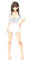 Rule 34 | 1girl, akatsuki usagi, barefoot, blue eyes, breasts, brown hair, collarbone, commentary request, covered erect nipples, full body, hand on own hip, highres, large breasts, long hair, naked shirt, nipples, original, shirt, short sleeves, simple background, solo, standing, t-shirt, tachi-e, white background, white shirt
