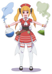 Rule 34 | 1girl, :d, absurdres, black bow, black footwear, blonde hair, blunt bangs, bow, bracelet, breasts, cross print, dress, erlenmeyer flask, flask, frilled dress, frills, full body, hair bow, hat, highres, holding, jewelry, long hair, looking at viewer, mary janes, medium breasts, neckerchief, nurse cap, open mouth, original, pleated dress, print headwear, red dress, red eyes, red hat, round-bottom flask, sailor dress, shoes, short sleeves, sidelocks, smile, solo, standing, surio, thighhighs, twintails, very long hair, white background, white neckerchief, white thighhighs