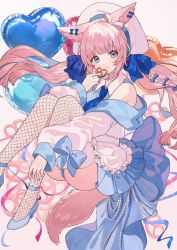 Rule 34 | 1girl, animal ears, ass, balloon, bare shoulders, blue dress, blue eyes, bow, dress, fishnet thighhighs, fishnets, food, fox ears, fox girl, fox tail, frills, hair bow, hat, heart balloon, high heels, highres, jacket, knees up, long hair, looking at viewer, off shoulder, original, pink hair, pleated dress, pretzel, short dress, shugao, smile, solo, tail, thighhighs, twintails, white footwear, white hat, white jacket, white thighhighs