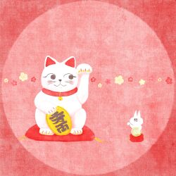 Rule 34 | animal focus, arm up, black eyes, blush, cat, coin, collar, flower, full body, gold coin, highres, maneki-neko, no humans, no mouth, on pillow, original, oyuge design, paw pose, plum blossoms, red background, red collar, red pillow, red theme, translation request