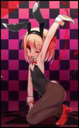 Rule 34 | 1girl, ;p, animal ears, arm up, armpits, bare shoulders, blonde hair, checkered background, checkered floor, flat chest, floor, hair ribbon, highres, looking at viewer, one eye closed, pantyhose, playboy bunny, rabbit ears, red eyes, ribbon, rumia, shamo (koumakantv), short hair, tongue, tongue out, touhou