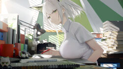 Rule 34 | 1girl, alternate costume, animal ears, arknights, book, book stack, breasts, cat ears, desk, green eyes, holding, holding pen, kal&#039;tsit (arknights), large breasts, looking at viewer, omone hokoma agm, pen, shirt, short hair, solo, white hair, white shirt