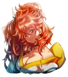 Rule 34 | 1girl, alternate costume, amou kanade, breasts, choker, cleavage, hair between eyes, holding, holding hair, japanese clothes, kimono, large breasts, long hair, looking at viewer, murakami hisashi, off shoulder, parted lips, red eyes, red hair, senki zesshou symphogear, simple background, smile, solo, white background