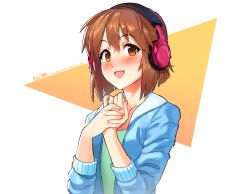 Rule 34 | 1girl, blush, bob cut, brown eyes, brown hair, commentary, english commentary, fingernails, flat chest, hagiwara yukiho, headphones, highres, idolmaster, idolmaster (classic), looking at viewer, mleth, nose blush, open mouth, portrait, short hair, simple background, solo, wireless
