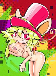 Rule 34 | 1girl, absurdres, animal ears, blush stickers, breasts, green hair, hat, highres, large breasts, mad rat dead, mouse (animal), mouse ears, mouse girl, mouse tail, nipples, nippon ichi, rat god, red eyes, shep, tail, top hat