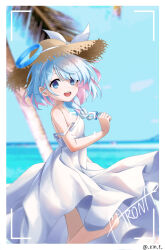 Rule 34 | 1girl, :d, absurdres, arona (blue archive), artist name, bare shoulders, blue archive, blue eyes, blue hair, blue halo, blue pupils, blurry, blurry background, border, braid, breasts, colored inner hair, depth of field, dress, from side, hairband, halo, hat, highres, kenma pro, light blue hair, looking at viewer, mismatched pupils, multicolored hair, open mouth, outdoors, pink hair, red pupils, ribbon, short hair, side braid, single braid, small breasts, smile, solo, strap slip, straw hat, sundress, teeth, twitter username, two-tone hair, upper teeth only, viewfinder, white border, white dress, white hairband, white ribbon