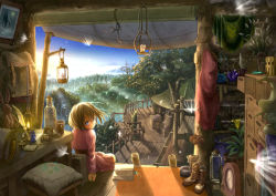 Rule 34 | 1girl, backpack, bag, blue eyes, blush, book, boots, brown hair, candle, clock, compass, cross-laced footwear, crystal, forest, highres, jar, lace-up boots, lantern, looking at viewer, looking back, mountain, nature, original, painting (object), poppo sutchy, scenery, short hair, solo, star (symbol), stuffed animal, stuffed rabbit, stuffed toy, sunset, unworn backpack, unworn bag, unworn boots, whale