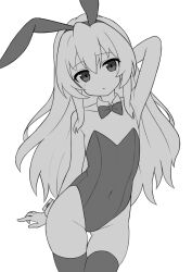 Rule 34 | 1girl, :&lt;, aisaka taiga, animal ears, arm behind back, arm behind head, arm up, armpits, bare shoulders, bow, bowtie, closed mouth, collarbone, commentary, covered navel, cowboy shot, detached collar, dot nose, english commentary, fake animal ears, flat chest, greyscale, groin, hair between eyes, highres, leotard, light blush, long hair, looking at viewer, mikoscrub, monochrome, rabbit ears, sidelocks, simple background, skindentation, solo, standing, straight hair, strapless, strapless leotard, thighhighs, toradora!, very long hair, white background, wrist cuffs