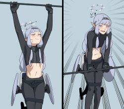 Rule 34 | !, 1girl, 2koma, black hairband, black pants, black shirt, blue archive, closed mouth, comic, exercising, grey background, hair tubes, hairband, halo, highres, himari (blue archive), hong doo, long hair, midriff, mole, mole under eye, open mouth, pants, pointy ears, shirt, smile, stomach, teeth, upper teeth only, wheelchair