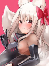 Rule 34 | 1girl, animal ear fluff, animal ears, black bodysuit, black gloves, blush, bodysuit, bow, breasts, cosplay, elbow gloves, fate/grand order, fate/kaleid liner prisma illya, fate (series), fox ears, fox girl, fox tail, gloves, hair between eyes, hair bow, hip vent, illyasviel von einzbern, koyanskaya (assassin) (first ascension) (fate), koyanskaya (fate), koyanskaya (fate) (cosplay), long hair, looking at viewer, mochi (k620803n), pink background, pink bow, red eyes, sidelocks, small breasts, smile, solo, tail, tamamo (fate), white hair