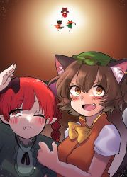 Rule 34 | 3girls, :3, absurdres, animal ear fluff, animal ears, black hair, blush, bow, braid, brown hair, cat ears, cat tail, chen, detached sleeves, dress, ear piercing, extra ears, fang, friends, gradient background, green dress, green headwear, hakurei reimu, height difference, highres, kaenbyou rin, kashiwara mana, multiple girls, multiple tails, nekomata, one eye closed, open mouth, piercing, playing, pointy ears, red hair, short hair, simple background, slit pupils, tail, touhou, twin braids, two tails, yellow eyes