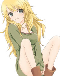 Rule 34 | 1girl, :3, bare legs, between legs, blonde hair, boots, grey eyes, hand between legs, hoshii miki, idolmaster, idolmaster (classic), jewelry, long hair, pendant, simple background, sitting, smile, solo, sweater, tayu (yuntayu), v arms, white background