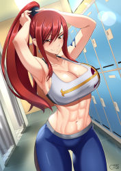 Rule 34 | 1girl, 2022, abs, absurdres, arm tattoo, armpits, arms up, artist name, breasts, brown eyes, castell, cleavage, cowboy shot, dated, earrings, erza scarlet, fairy tail, gluteal fold, hair between eyes, highres, indoors, jewelry, large breasts, locker, looking at viewer, midriff, navel, ponytail, red hair, smile, solo, sports bra, tattoo, watermark