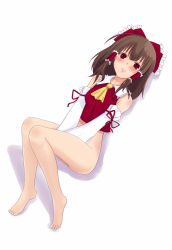 Rule 34 | 1girl, ascot, barefoot, between thighs, blush, bottomless, bow, brown hair, detached sleeves, feet, female focus, frown, full body, hair bow, hair tubes, hakurei reimu, japanese clothes, looking at viewer, lying, meile, miko, on back, red eyes, sidelocks, simple background, solo, thighs, touhou, v arms, white background