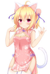 Rule 34 | 1girl, ahoge, animal ears, bare arms, bare shoulders, blonde hair, blush, breasts, bun cover, cat ears, cat girl, cat tail, china dress, chinese clothes, cleavage, cleavage cutout, closed mouth, clothing cutout, commentary request, double bun, dress, fang, fang out, floral print, flower, groin, hair between eyes, hair bun, hands up, kedama (kedama akaza), original, paw pose, pelvic curtain, pink dress, print dress, purple eyes, purple flower, purple ribbon, ribbon, simple background, sleeveless, sleeveless dress, small breasts, smile, solo, tail, thighhighs, white background, white thighhighs