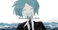 Rule 34 | 1other, androgynous, aqua hair, aqua mouth, black jacket, black necktie, bob cut, chemical formula, closed eyes, collared shirt, colored eyelashes, commentary, facing viewer, gem uniform (houseki no kuni), highres, houseki no kuni, jacket, necktie, o-three, open mouth, parted bangs, phosphophyllite, portrait, shirt, short hair, smile, straight-on, water, waves, white background, white shirt