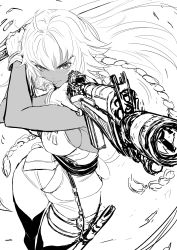 Rule 34 | 1girl, action, ahoge, aiming, boots, braid, breasts, dual wielding, fate/grand order, fate (series), finger on trigger, gloves, greyscale, gun, highres, holding, holding gun, holding sword, holding weapon, imizu (nitro unknown), lakshmibai (fate), long braid, long hair, medium breasts, monochrome, no bra, scabbard, serious, sheath, shell casing, sideboob, sketch, solo, sword, thigh boots, thighhighs, twin braids, weapon