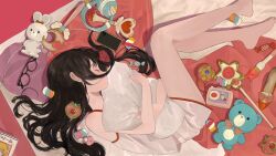 Rule 34 | 1girl, bare legs, barefoot, black hair, camisole, candy, cellphone, closed eyes, cropped legs, darico, food, glasses, highres, long hair, manga (object), mole, mole under mouth, hugging object, original, pajamas, phone, pillow, pillow hug, red footwear, shorts, sidelocks, sleeping, smartphone, stuffed animal, stuffed toy, teddy bear, toy, wand, white camisole, white pajamas, white shorts
