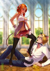 Rule 34 | 1boy, 1girl, abrakadabra2012, animal ears, breasts, cat ears, cat tail, cheese, covered erect nipples, femdom, food, gloves, high heels, highres, medium breasts, mouse ears, mouse tail, navel, no bra, panties, pantyshot, shoes, tail, thighhighs, trample, underwear