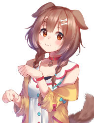 Rule 34 | 1girl, :3, animal collar, animal ears, blue bow, blush, bone hair ornament, bow, bracelet, braid, brown eyes, brown hair, buttons, cartoon bone, choker, closed mouth, collar, cowboy shot, dog ears, dog girl, dog tail, dress, hair between eyes, hair ornament, hairclip, highres, hololive, inugami korone, inugami korone (1st costume), jacket, jewelry, kurumi tsuchi, long hair, looking at viewer, low twin braids, low twintails, off-shoulder jacket, off shoulder, paw pose, raised eyebrows, red bow, red choker, red collar, simple background, solo, tail, twin braids, twintails, virtual youtuber, white background, white dress, wristband, yellow jacket
