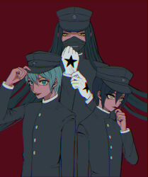 3boys absurdres adjusting_clothes adjusting_gloves adjusting_headwear amami_rantaro black_hat brown_eyes danganronpa_(series) danganronpa_v3:_killing_harmony emu_(kajii1932) gakuran gloves green_eyes hat highres mask mouth_mask multiple_boys red_background red_lips saihara_shuichi school_uniform shinguji_korekiyo short_hair simple_background upper_body white_gloves