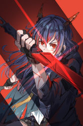 Rule 34 | 1girl, arknights, black gloves, black jacket, blood, blue hair, ch&#039;en (arknights), chi xiao (arknights), commentary, dragon horns, female focus, fingerless gloves, gloves, highres, holding, holding sword, holding weapon, horns, iceky, jacket, long hair, long sleeves, red eyes, solo, sword, upper body, weapon