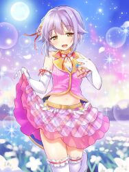 Rule 34 | 1girl, bare shoulders, belt, blurry, blurry background, blush, breasts, brown belt, brown eyes, courreges ace, dot nose, elbow gloves, field, flower, flower field, frilled thighhighs, frills, full moon, gloves, gradient sky, hair flaps, hair intakes, idolmaster, idolmaster cinderella girls, idolmaster cinderella girls starlight stage, jacket, koshimizu sachiko, layered skirt, lens flare, light particles, looking at viewer, miniskirt, moon, navel, neck ribbon, open mouth, outdoors, petals, pink jacket, pink skirt, plaid, plaid skirt, purple hair, red ribbon, ribbon, ribbon-trimmed gloves, ribbon-trimmed thighhighs, ribbon trim, short hair, skirt, skirt hold, sky, sleeveless, sleeveless jacket, small breasts, smile, solo, sparkle, standing, standing on one leg, star (sky), thighhighs, white gloves, white thighhighs