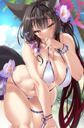 Rule 34 | 1girl, animal ears, bare shoulders, beach, bikini, blue archive, blush, breasts, brown hair, cle masahiro, cleavage, collarbone, flower, fox ears, fox tail, hair flower, hair ornament, halo, highres, large breasts, leaning forward, long hair, looking at viewer, navel, smile, solo, swimsuit, tail, thighs, wakamo (blue archive), wakamo (swimsuit) (blue archive), white bikini