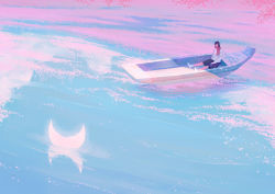Rule 34 | 1girl, boat, cherry blossoms, crescent moon, moon, morncolour, original, reflection, scenery, sitting, water, watercraft
