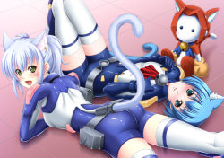 Rule 34 | 2girls, :d, akio (dkakh918), animal ears, aqua eyes, aqua hair, armor, ascot, asobi ni iku yo!, ass, assist-a-roid, assistaroid, bad id, bad pixiv id, bell, belt, belt pouch, belt skirt, blue hair, blush, bodysuit, bracer, breasts, cat ears, cat tail, chaika, clothing cutout, collar, dutch angle, earrings, gauntlets, gloves, green eyes, highres, indoors, jewelry, jingle bell, kneepits, legs up, looking at viewer, looking back, lying, md5 mismatch, melwin, multiple girls, neck bell, on back, on stomach, open mouth, parted lips, pauldrons, pouch, reflection, robot, scrunchie, shiny clothes, short hair, short twintails, shoulder armor, sidelocks, sitting, skin tight, small breasts, smile, tail, tail through clothes, thighhighs, tile floor, tiles, twintails, unitard, white hair, white thighhighs, zettai ryouiki