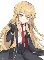 Rule 34 | 1boy, alternate hair length, alternate hairstyle, arm support, artist name, belt, black gloves, black jacket, black pants, blonde hair, blush, collared shirt, gloves, hair between eyes, hand up, head tilt, highres, holding, holding hair, id card, jacket, korean commentary, limbus company, long hair, long sleeves, looking at viewer, love mintchoco, male focus, necktie, open clothes, open jacket, open mouth, pants, project moon, red necktie, shirt, shirt tucked in, sidelocks, simple background, sinclair (project moon), sitting, solo, very long hair, white background, white shirt, wing collar, yellow eyes