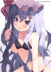 Rule 34 | 1girl, alternate hair length, alternate hairstyle, artist name, bare arms, bare shoulders, bat wings, black bra, black panties, blue hair, blush, bra, breasts, commentary, fang, gradient background, grey background, hair between eyes, hand up, hat, hat ribbon, highres, long hair, looking at viewer, mob cap, momomaron, open mouth, panties, pink hat, red eyes, red ribbon, remilia scarlet, ribbon, skin fang, small breasts, solo, stomach, strap pull, touhou, twitter username, two side up, underwear, underwear only, upper body, v-shaped eyebrows, very long hair, white background, wings