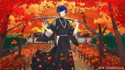 Rule 34 | 1boy, absurdres, alternate costume, architecture, armor, astel leda, autumn leaves, black hakama, black kimono, black shirt, bleach, blonde hair, blue hair, copyright notice, east asian architecture, falling leaves, feet out of frame, green eyes, hakama, highres, holding, holding sword, holding weapon, holostars, japanese clothes, katana, kimono, leaf, looking at viewer, male focus, multicolored hair, official art, over shoulder, parted lips, pectoral cleavage, pectorals, shirt, short hair, shoulder armor, solo, standing, streaked hair, swept bangs, sword, tree, turtleneck, virtual youtuber, weapon, weapon over shoulder, yuya (yuya illust)