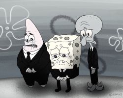 Rule 34 | 3boys, buck teeth, crying, crying with eyes open, formal, greyscale, looking down, male focus, mikmix, monochrome, multiple boys, patrick star, sponge, spongebob squarepants, spongebob squarepants (series), squid, squidward tentacles, starfish, stephen hillenberg, suit, tears, teeth, wavy mouth